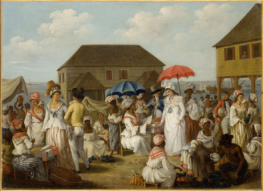 Portrait of a linen market in Dominica in the 1770s depicting enslaved people, free 'people of color' and Europeans. Photo Credit: © Yale Center for British Art, Paul Mellon Collection (B1981.25.76) via SlaveryImages.com