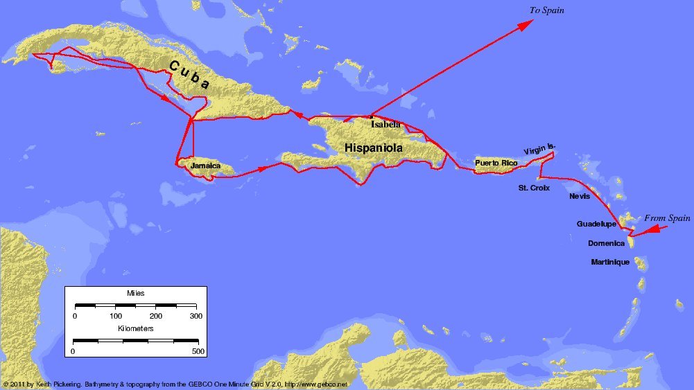 Map of Christopher Columbus Second Voyage. Photo Credit: © Keith Pickering via Wikimedia Commons.