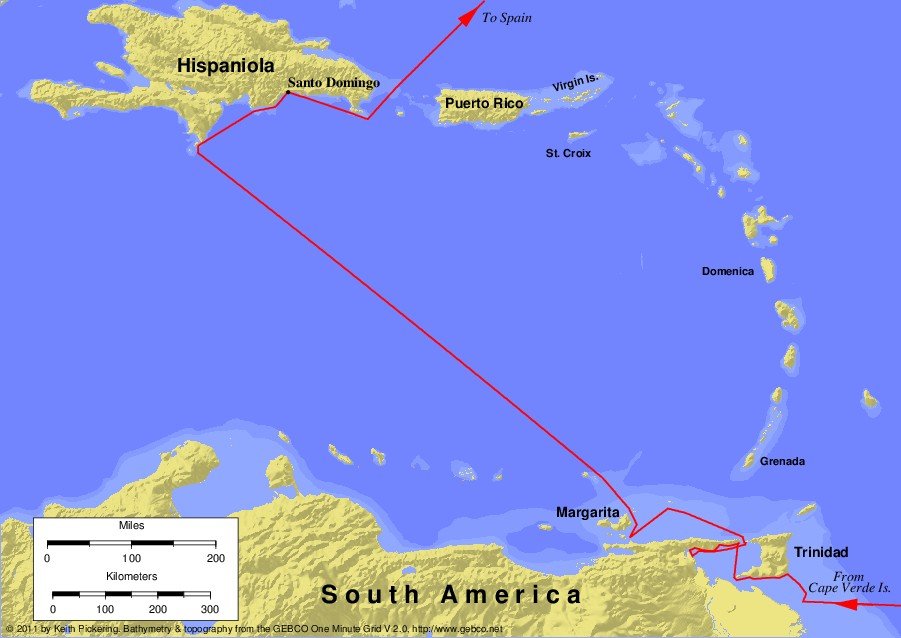 Map of Christopher Columbus Third Voyage. Photo Credit: © Keith Pickering via Wikimedia Commons.