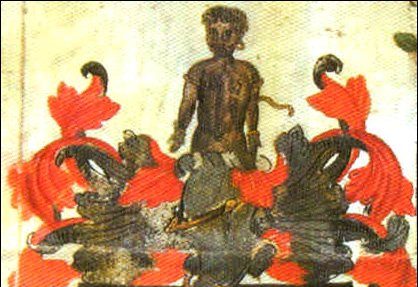 John Hawkins coat of arms granted by Queen Elizabeth I in 1565, showing an enslaved man. Photo Credit: © Public Domain via Wikimedia Commons.
